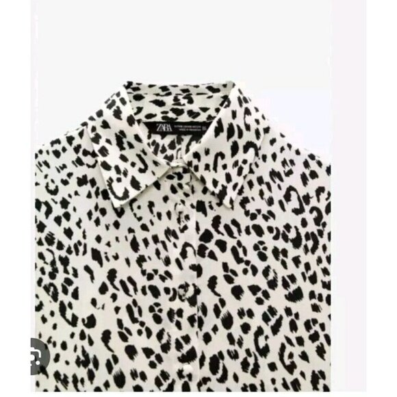 Zara Satin Effect Animal Print Shirt/Blouse Black White cheetah Medium 7969 040 - Picture 3 of 8